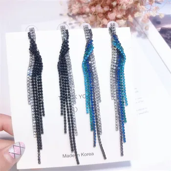 

Bamos Blue/Black Cubic Zirconia Drop Earrings Luxury Long Tassel Wedding Earrings For Women Girls Fashion Birthstone Jewelry