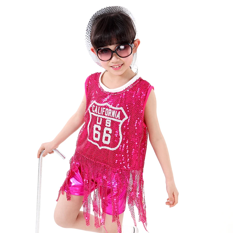 Free Shipping Sequin Children Hip Hop Dance Clothes Girls Kids Stage
