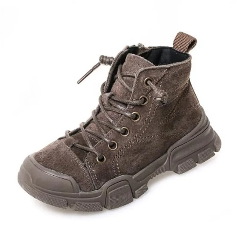 

New Children Martin boots Khaki Fashion Genuine Leather Boots Boys Black Ankle Boots Baby Student Breathable Kids Shoes 02A