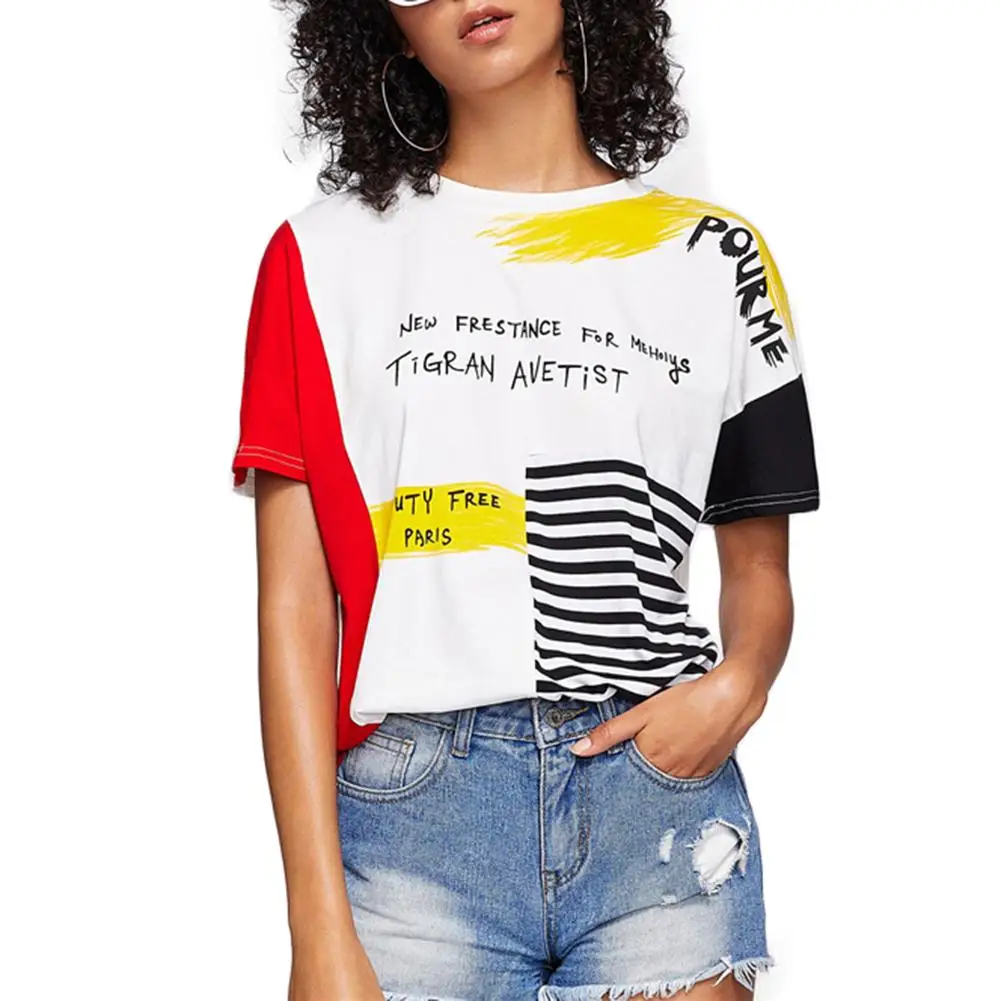 

Casual Summer Women Letter Print Striped Color Block Short Sleeve O-Neck T-Shirt Top