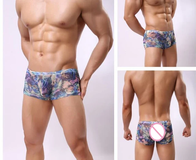 New Mens sexy underwear Mens fashion Rose &rainbow print gauze breathable Low-waisted U convex Boxers shorts Male underpants -