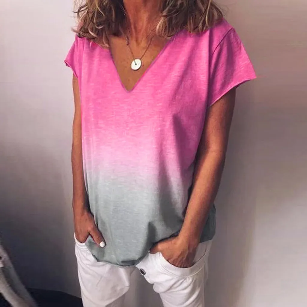 

Women Summer T Shirt Casual V Neck Gradient Color Short Sleeve T-Shirt Tunic Tops Casual camisetas verano mujer 2019 TShirt NEW