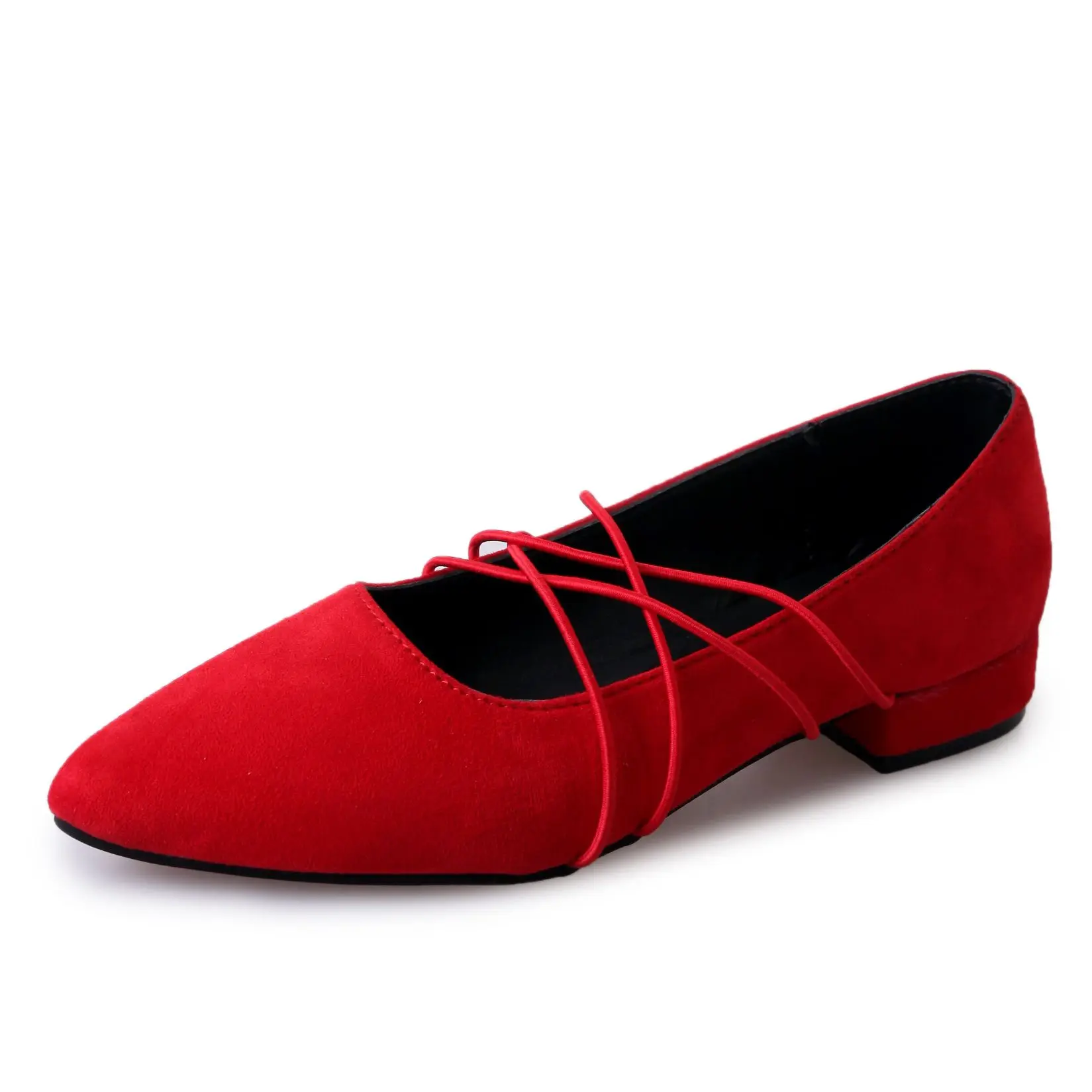 

2017 Spring And Summer New Cross Strap Pointed Toe Shoes Low-heeled Shoes Shallow Mouth Flock Thick Heel Wedding Shoes