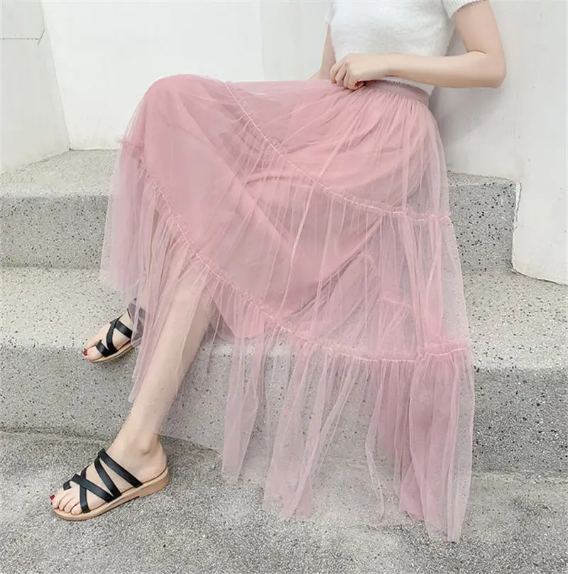 Корейская Новинка, женская летняя юбка-пачка, высокая эластичность, розовая шифоновая юбка длиной до щиколотки, Свободные повседневные длинные юбки, женские юбки-капкейки