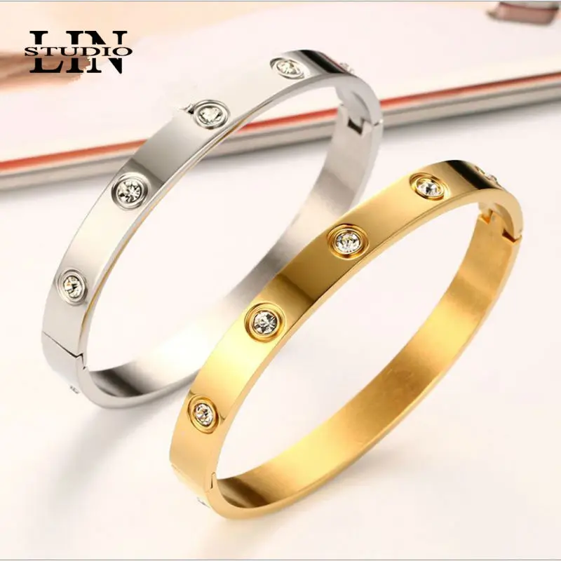 

LIN STUDIO Luxury Bracelet 8MM Gold/Silver Stainless Steel Bracelets Bangles Crystal Cuff Bracelet Love Bangle B-146