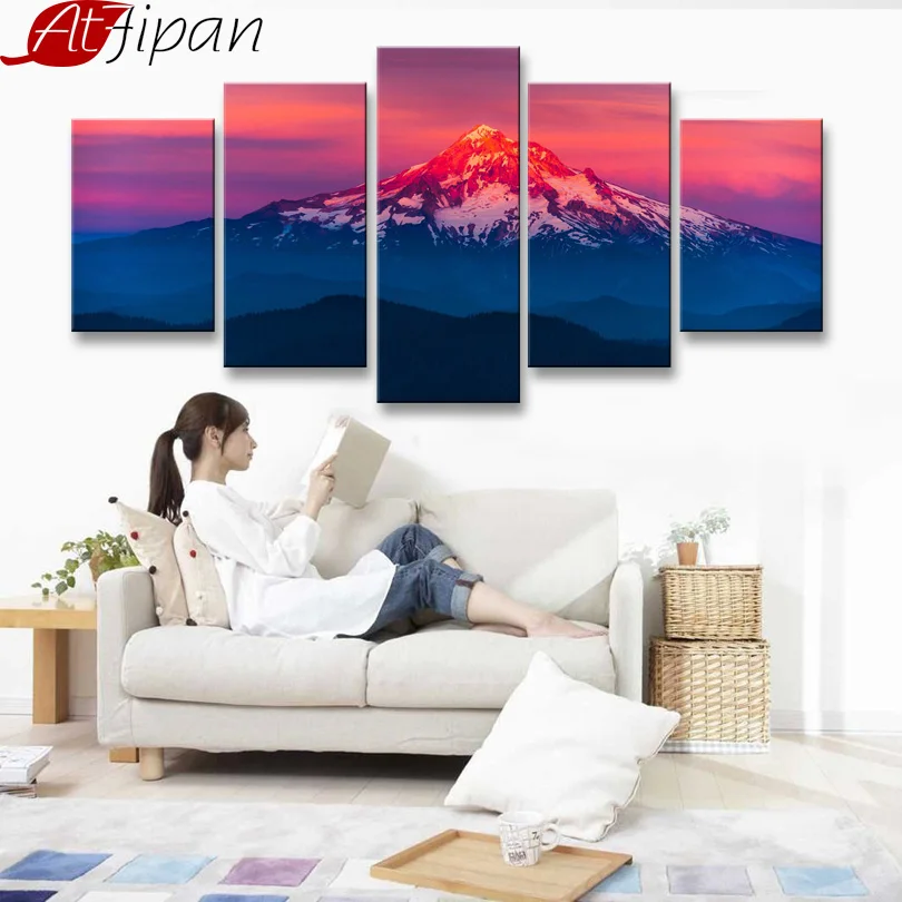 Картина на холсте AtFipan 5 шт. HD принт лесных гор снега воды плакат и настенная рама