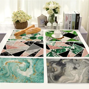 

1Pcs Ocean Geometric Marble Pattern Table Mat Leaf Placemat Drink Coaster Cotton Linen Pads Cup Mats 42*32cm Home Decor MP0087