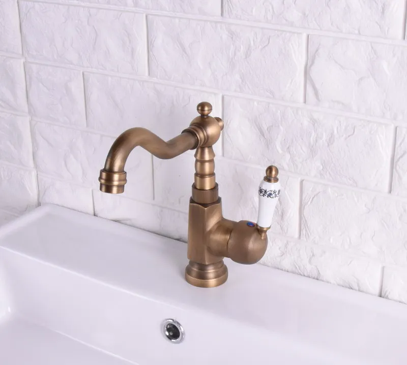 Vintage Retro Antique Brass Single Handle One Hole Bathroom Kitchen Basin Sink Faucet Mixer Tap Swivel Spout Deck Mounted msf115