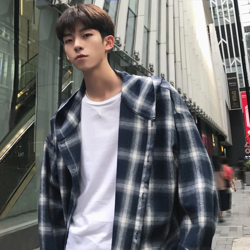 

Designed Hoody Plaid Shirt 2019 Spring Japan Korea Street Style Long Sleeve