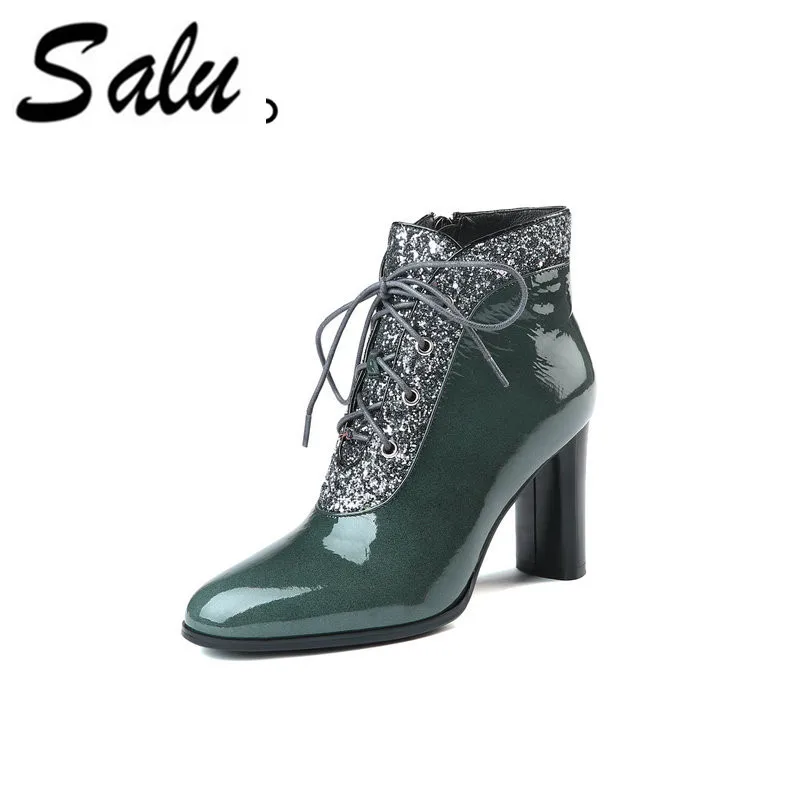 

Salu Winter Autumn Ankle Boots Woman Genuine Leather square Toe Thick High Heel Booties lace-up Ladies