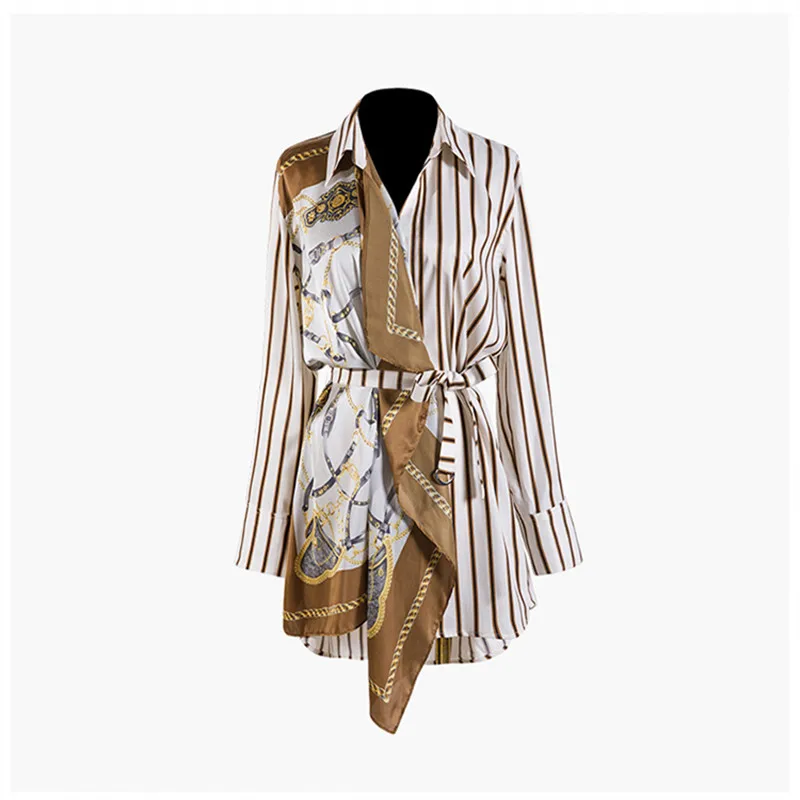

Luxury Designer Brand Shirts for Women Striped Silk Scarf Print Stitching Bow Long Blouses