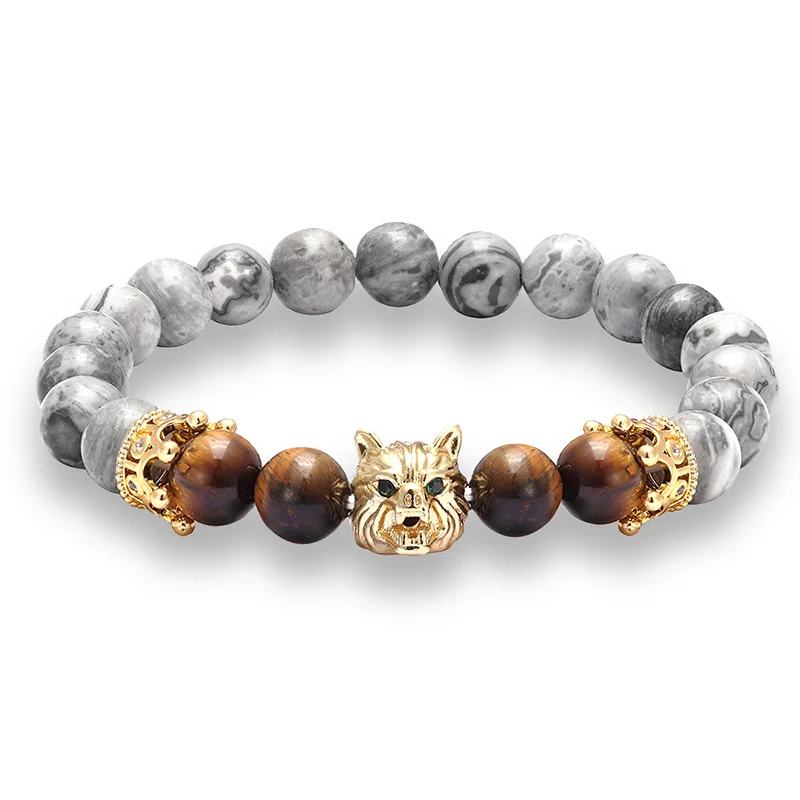 

JAAFAR High quality fashion natural beads Map stone beaded bracelet CZ wolf head black lava stone energy stone jewelry AS825
