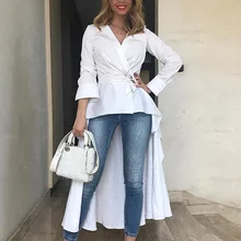 AHVIT Модная Повседневная белая женская футболка с v-образным вырезом и длинным рукавом, сексуальный топ с рюшами спереди, короткий сзади, длинный пиджак в стиле ласточкин хвост YS249