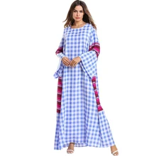 Модное женское клетчатое мусульманское платье абайя с круглым вырезом и длинными расклешенными рукавами большого размера 4XL длинное Дубай, Турция marokkaanse кафтан