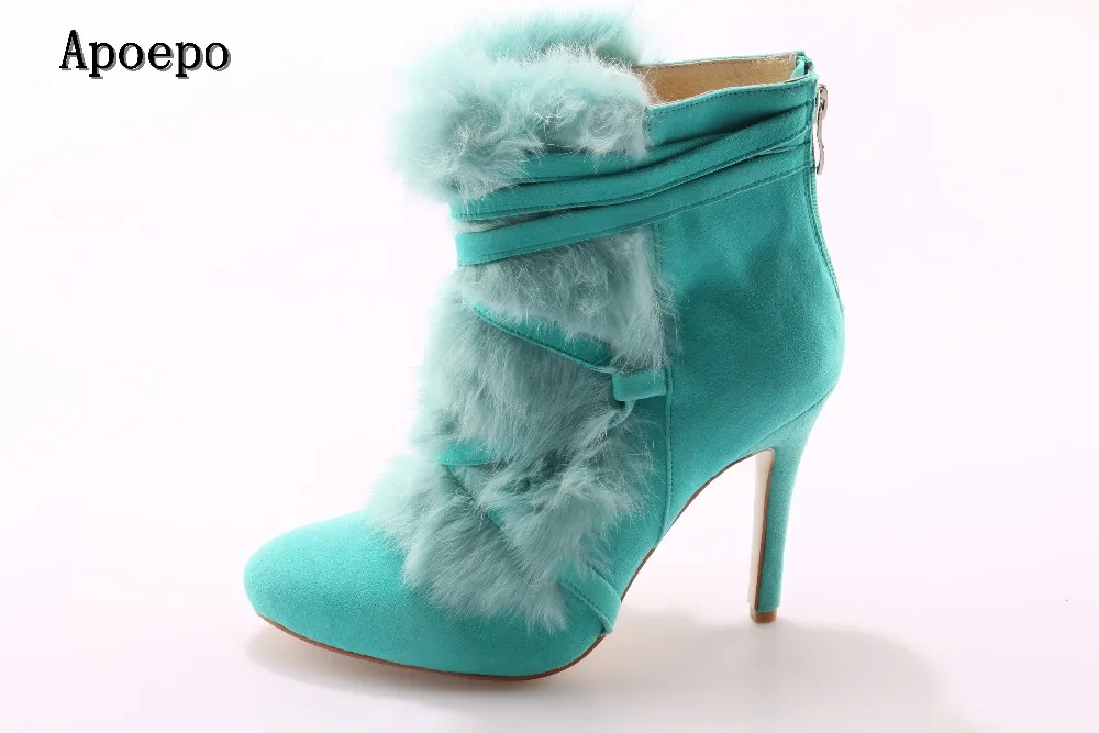 

Winter newest pointed toe ankle boots high quality suede fur decorations high heel boots woman fashion short boots