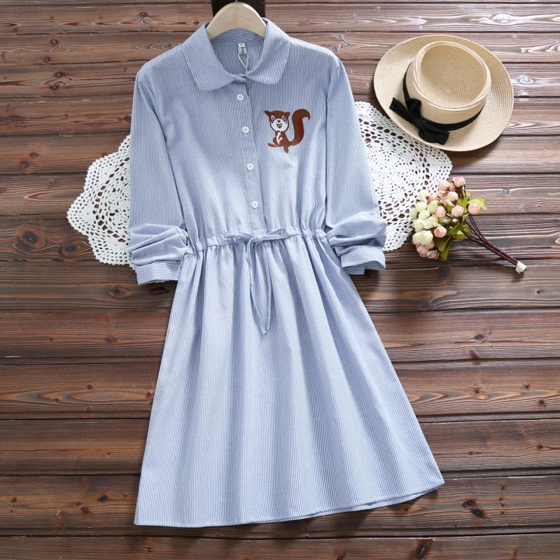 

Japanese Mori Girl Autumn Spring Vintage Dress Blue Red Stripe Squirrel Embroidery Vestido Cute Kawaii Elegant Long Sleeve Dress