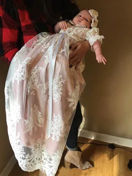 New Baby Infant Dress White Ivory Baby Girls Christening Gown Lace Tulle Long Baptism Dress with Headband Toddler Gown heirloom baptism dress baby girls royal christening gown floor length short sleeve o neck baby girls birthday gown with ribbon