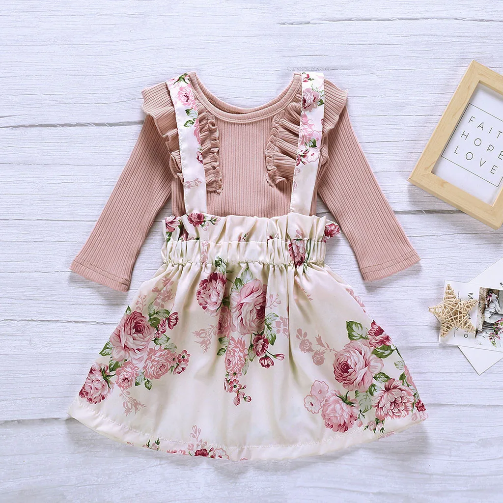 Комплект детской одежды для маленьких девочек; однотонные топы с длинными рукавами+ комбинезон с цветочным принтом; сезон осень-зима; Одежда для девочек; M50