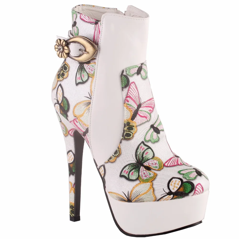 

LF80864 SHOW STORY Elegant White Multicoloured Embroidered Butterfly Buckle Platform Stiletto Ankle Bootie Boot