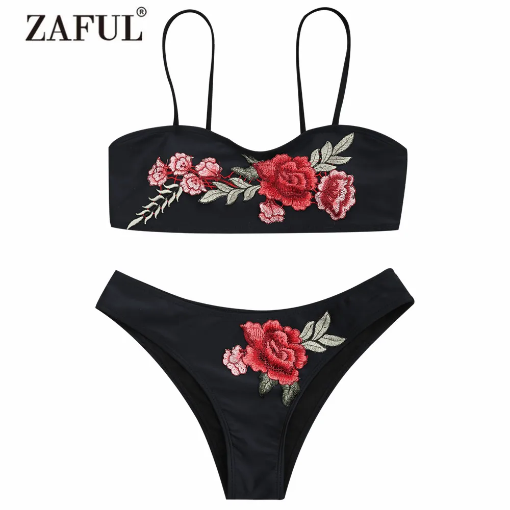  ZAFUL New Swimwear Women Floral Patch Applique Cami Bikini Set Swimsuit Spaghetti Straps Two Piece 