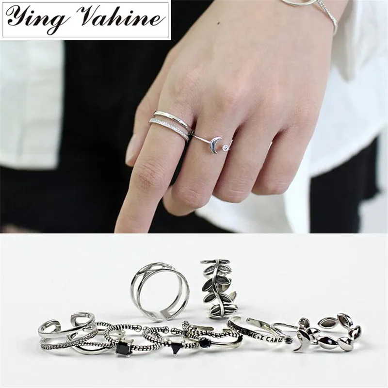 

ying Vahine Authentic 925 Sterling Silver Jewelry Leaf Letter Moon Triangle Round Square Curve Pattern Open Rings for Women Gift