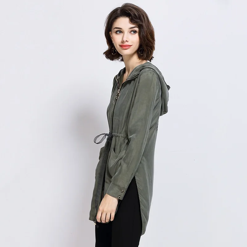Veste Manteau Green Tranchée Motif Ammoniac Cuivre Capuchon Mode Casual Femmes Manteaux white De Dark À Printemps Pissenlit La Soie Zipper Impression Longue wRtAqS