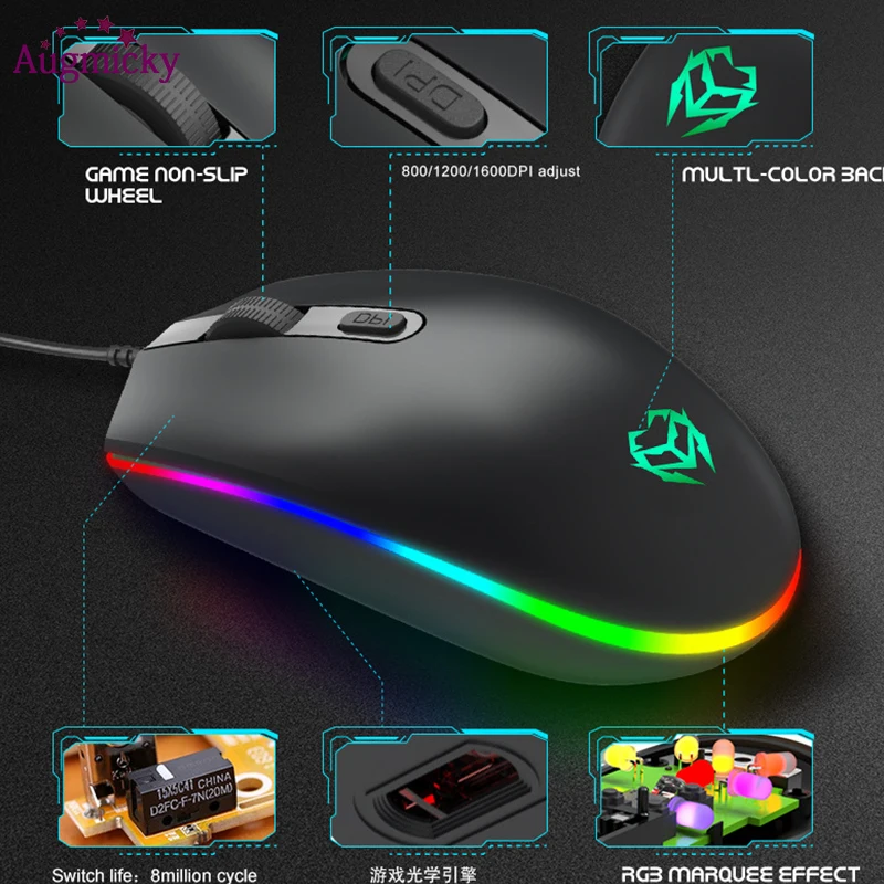  Augmicky RGB Backlight Ergonomic Optical Gaming Mouse 1600 DPI Optical USB Wired Mice For LOL DOTA 
