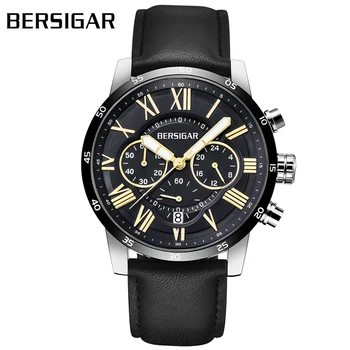 

Herenhorloge BERSIGAR Men's Watch Black Leather Strap Sports Chronograph Watch Business Casual Quartz Watch Relogio Masculino
