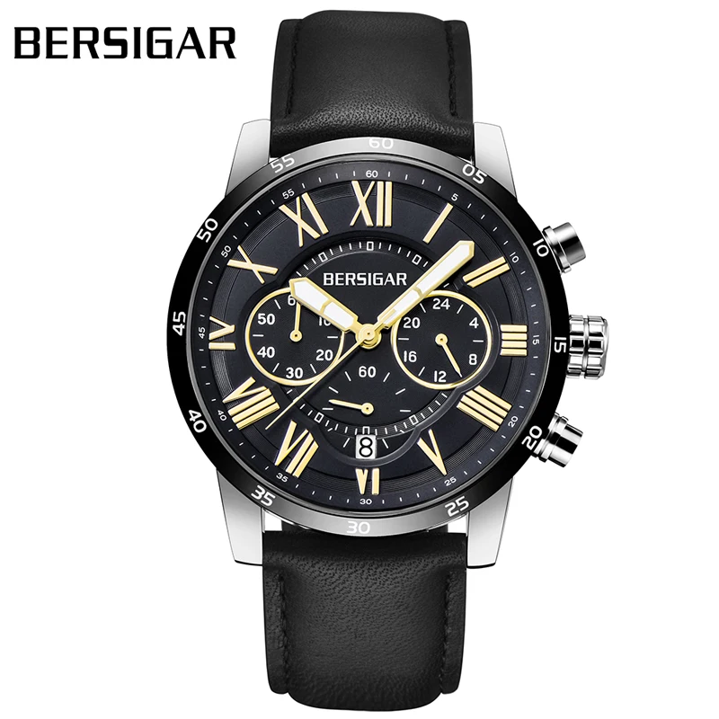 Herenhorloge BERSIGAR Мужские часы с черным кожаным ремешком спортивные хронографом