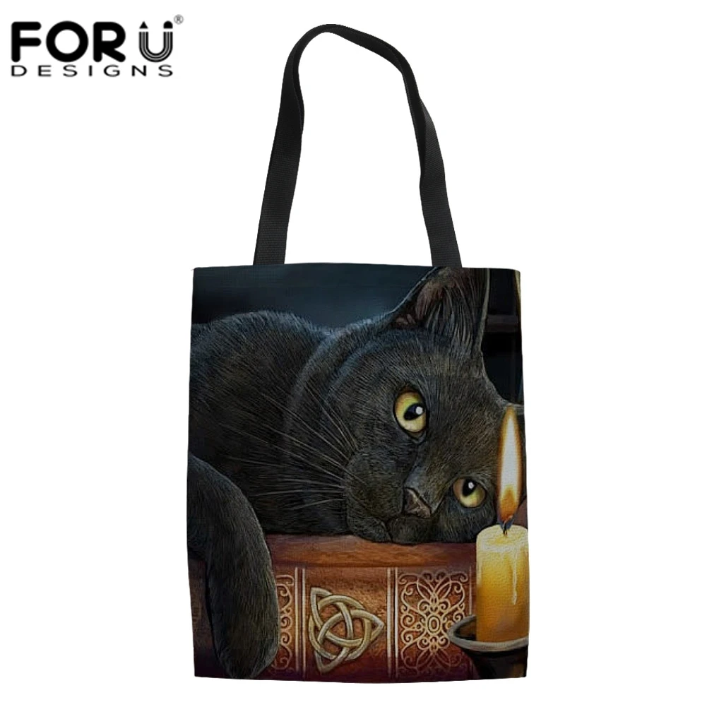 

FORUDESIGNS The Witching Hour Witchcraft Black Cat Handbag Large Messenger Bags Reusable Eco Shopping Totes Travel Shoulder Bag