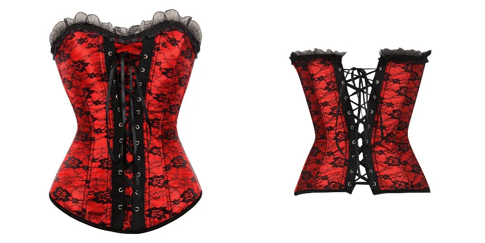 Women's Lace Cover Overbust Corset Lace Up Boned Lingerie Zipper Side Carnival Waist and Body Shaper Bustier Plus Size