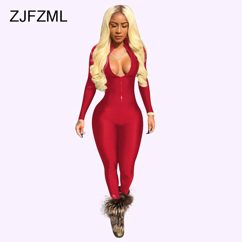 ZJFZML Womens Jumpsuit Long Sleeve Skinny Causal Outfits Rompers Female Front Zipper Overalls V Neck Party Club Sportsuits