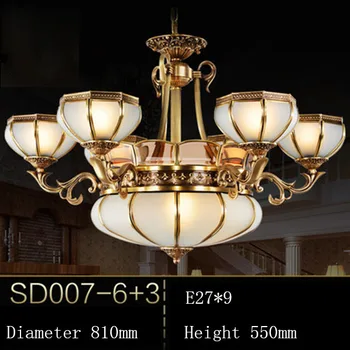 

Copper chandelier 9 e27 bases, retro Continental style, diameter 810mm, livingroom pendant, high quality droplight