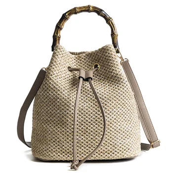 

Beach String Women Bucket Bags Female Summer Knitting Straw Bags Casual Holiday Crossbody Bag Bamboo Handle Handbags