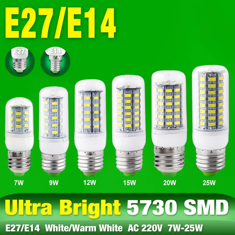

E14 E27 Brightly 5730 SMD LED Corn Lamp Light Bulb 220V 7W 9W 12W 15W 20W 25W Corn Bulb 24 36 48 56 69 72LEDs For Home Lighting