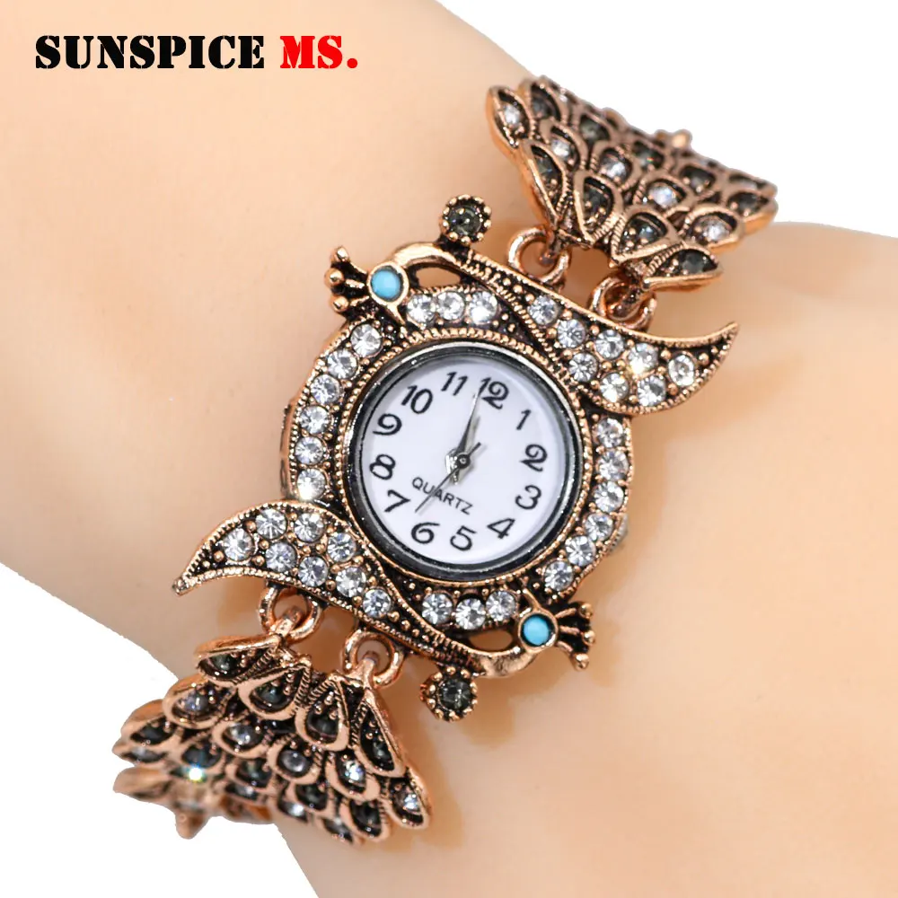 SUNSPICE MS этнические индийские Шарм в форме павлина браслет наручные часы для женщин античное золото цвет женские вечерние ювелирные изделия на манжетах - Metal Color: MTwt02blue