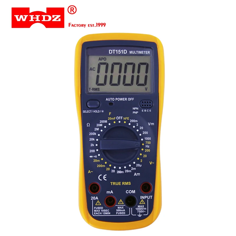 

WHDZ DT151 Digital Multimeter T-RMS with Backlight Self-restoring fuse protection AC DC Ammeter Voltmeter Ohm 20mF capacitance