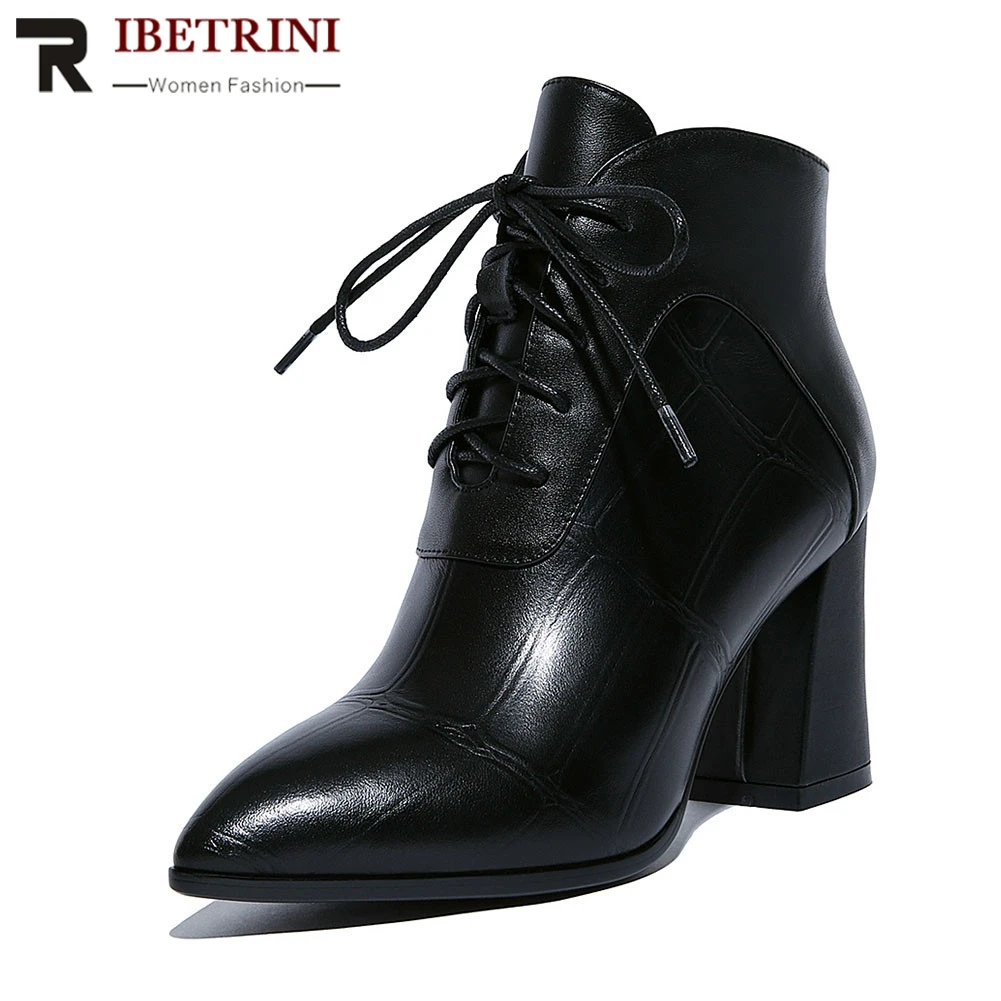 

RIBETRINI New Big Size 34-42 women's Genuine Leather Ladies High Heels Shoes Woman Casual Party Ol Autumn Winter Ankle Boots