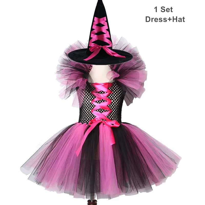 Платье-пачка ведьмы для девочек ярко-розовый и черный детский карнавальный костюм ведьмы для косплея, Детские праздничные платья для девочек, От 2 до 12 лет - Цвет: Dress and Hat