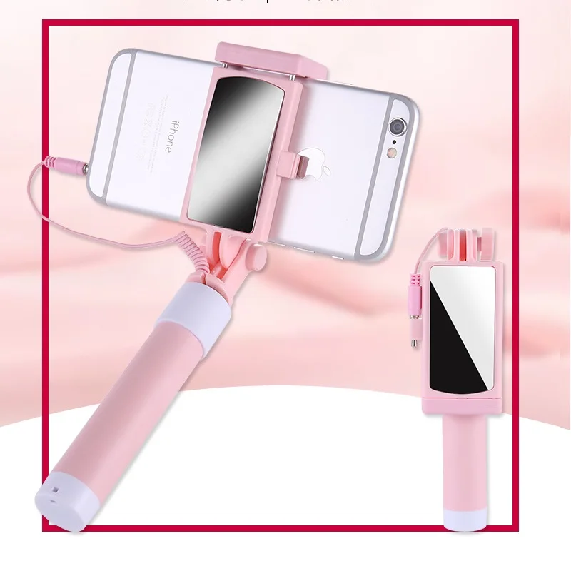 RBAYSALE Mini Wired Selfie Stick With Mirror Colorful Cute Hand Size