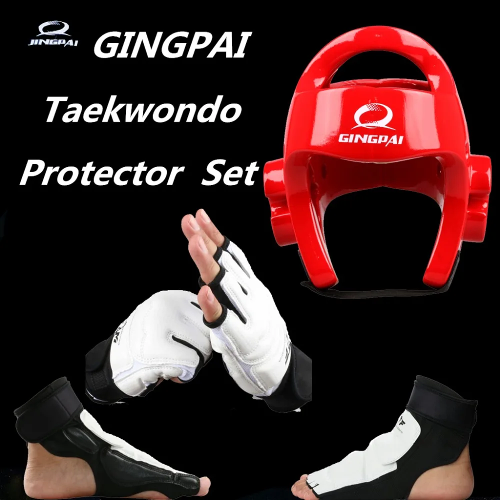 

2 Color taekwondo helmet adult male female Pu Leather fighting taekwondo protector 1 set taekwondo hand& foot protector