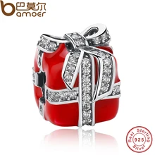 Auténtica Plata de Ley 925 Sparkling Arco Caja de Regalo Sorpresa Esmalte Rojo Claro CZ Charm Pulsera Apta Berloque PAS236