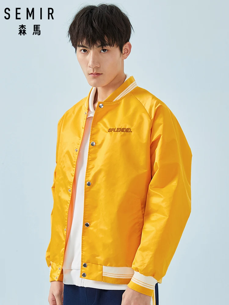 

SEMIR Men Embroidered Baseball Jacket with Contrasted Trim Silky Nylon Bomber Jacket with Slant Pocket Snap Closure Spring