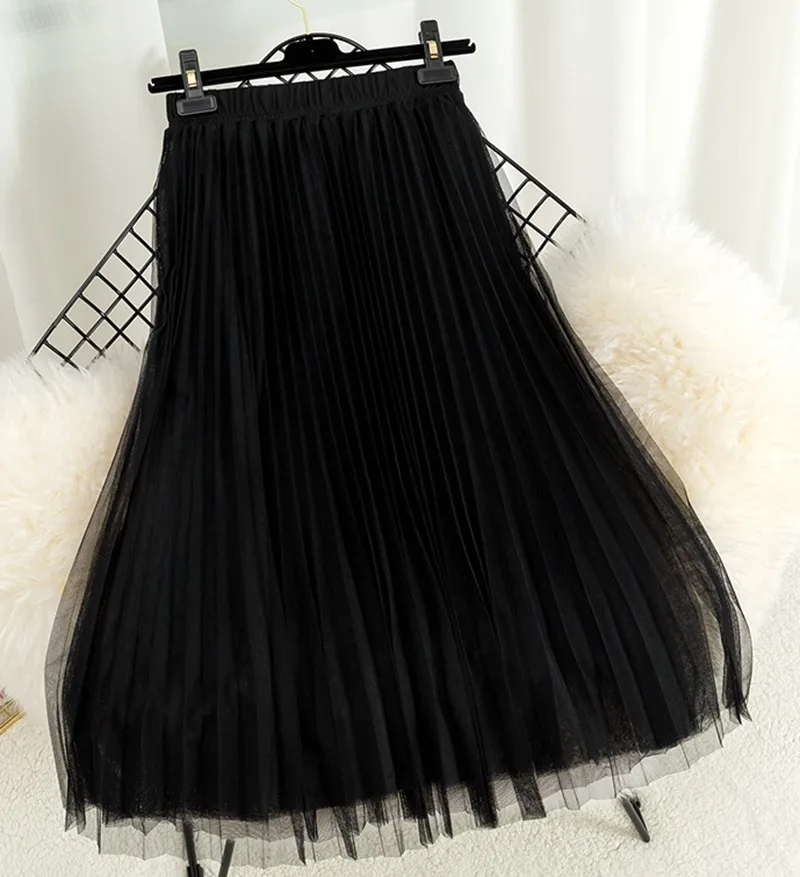 ONLYWONG Тюлевая юбка s Женская миди плиссированная юбка черная розовая Тюлевая юбка женская летняя Осенняя эластичная юбка-пачка с высокой талией - Цвет: Black 669