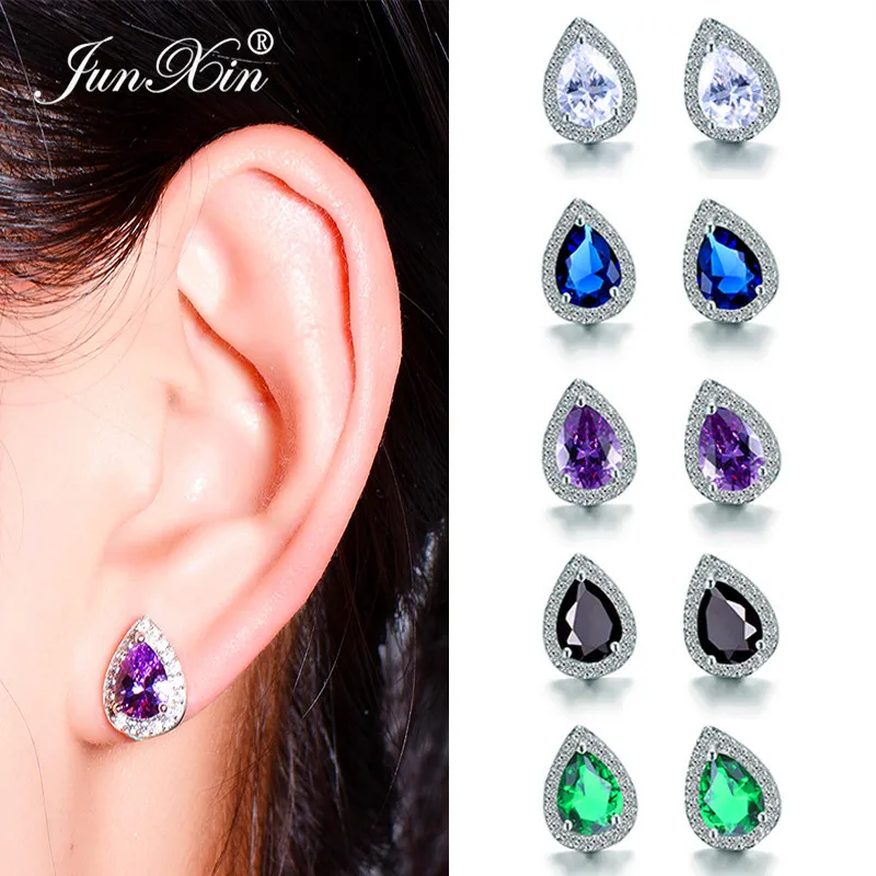 

Female Ladies Black/Green/Blue/White Stud Earrings 925 Silver Filled Small Double Earrings For Women Vintage Wedding Jewelry
