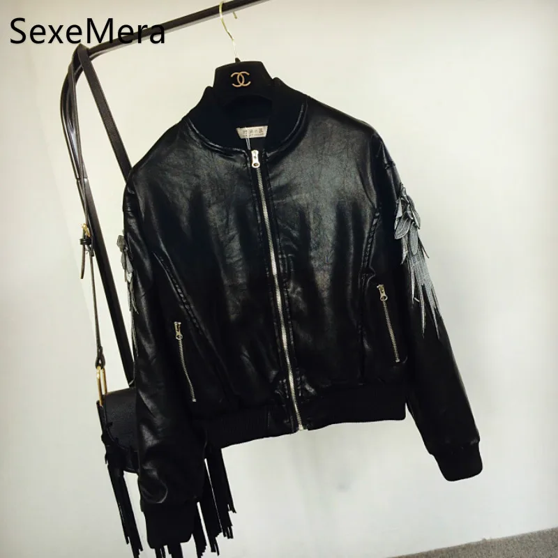 Cool Faux PU leather Feather wings short Motorcycle Embroidered Wings sleeves jacket Zipper High Waist font