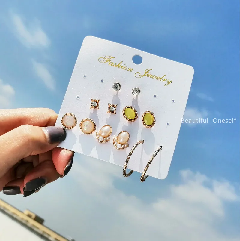 Rhinestone Pink Gold Imitation Gem Metal Round Earrings 6 Pairs 2019 New Pearl Women Jewelry Gifts | Украшения и аксессуары