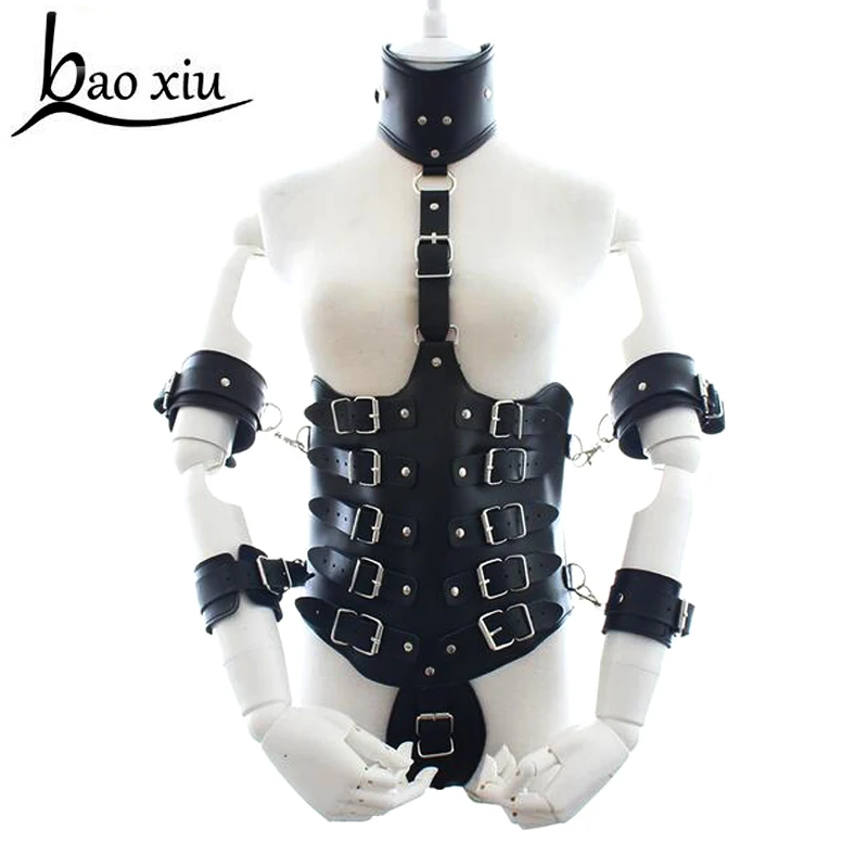 

New Bound Leather Bondage metal Rivets Wrist Cuffs wide punk Belts Fetish Harness Strong Bound Body belts