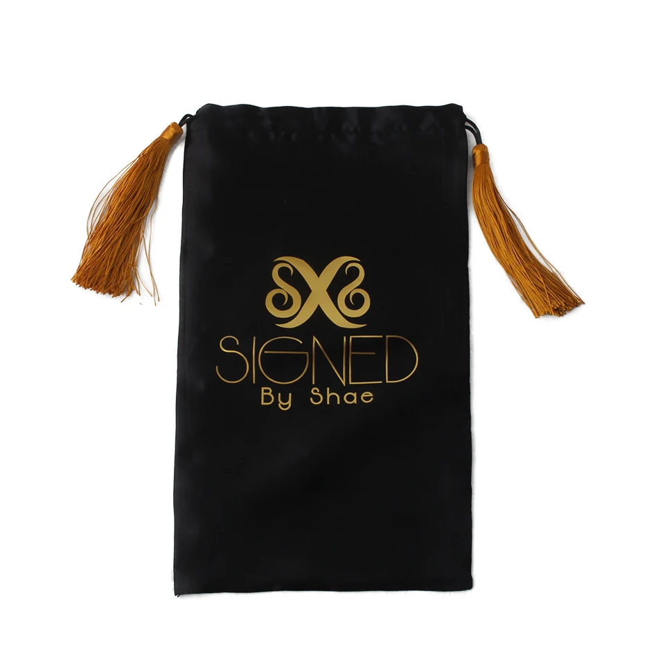 Заказной золотой фольги/блестящий логотип в черном атласный чехол для наращивание волос пучки, девственные пакеты для упаковки волос с роскошной кисточка