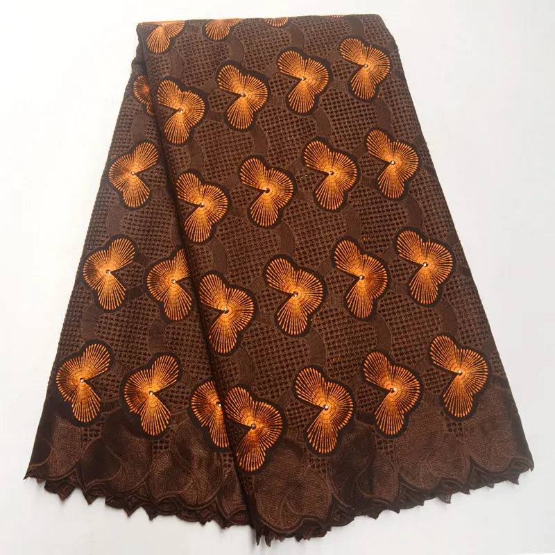 

Coffee Brown African Swiss Voile Lace In Switzerland 100% Cotton Lace With Rhinestones Eyelet Big voile lace For Party IG262